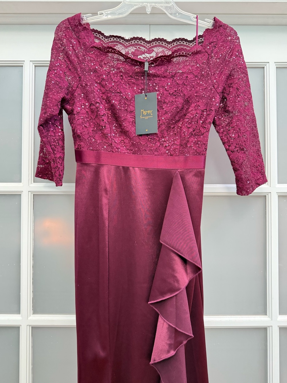 MISSMAY Women's Maroon Floral Lace Sequins Ruffle Evening Maxi Dress S ( 4-6) - Picture 6 of 14